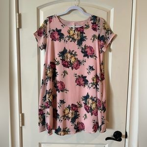 Pink oversized tunic dress with yellow and pink roses by mts